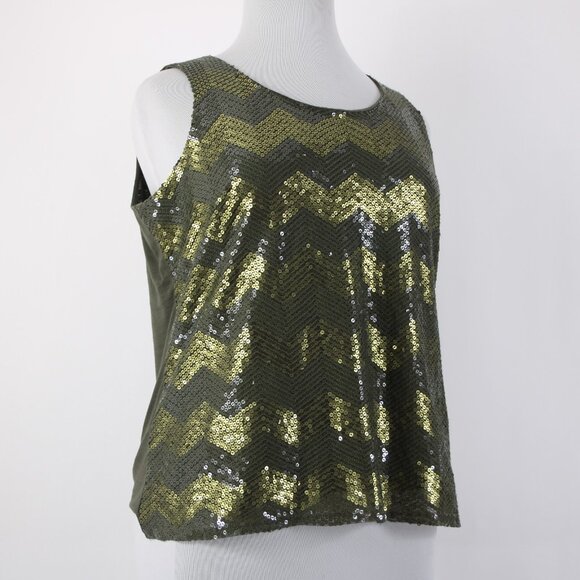 Coldwater Creek Top $75 Sz 1x Green Olive Sequin Chevron Poly Cotton Top - Picture 7 of 16